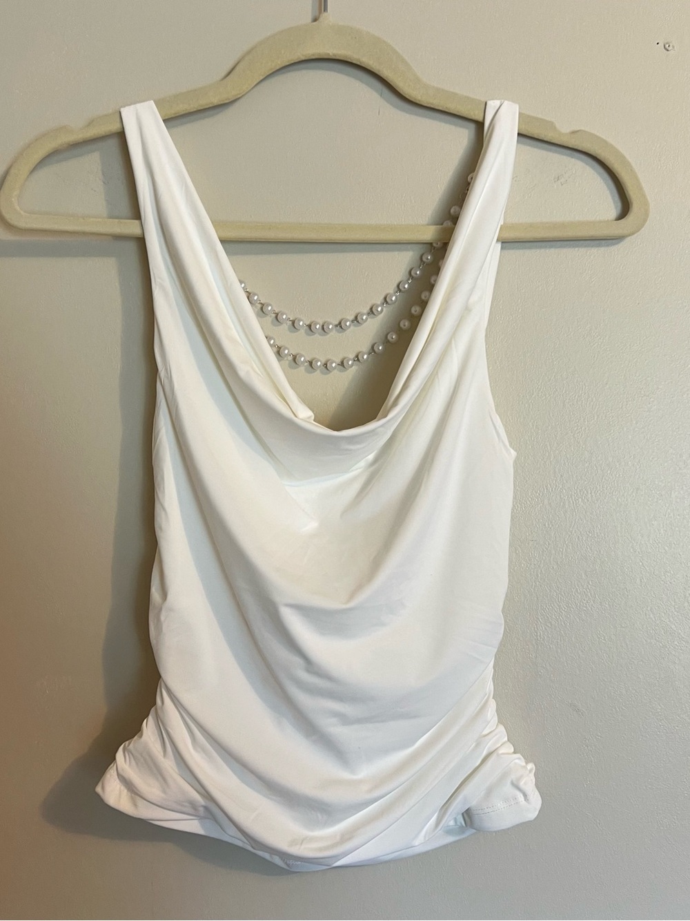 Womens White Cowl Neck Tank Top Blouse with Beaded Back Detail